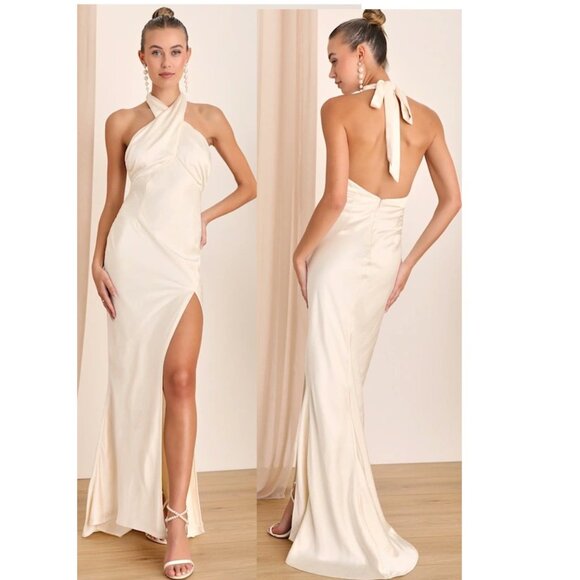 Lulus Start of Forever Ivory Satin Halter Mermaid Maxi Dress Size Small - Picture 1 of 8